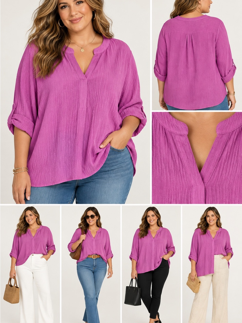 NWT Ava & Viv Textured Split-Neck Tunic in Magenta